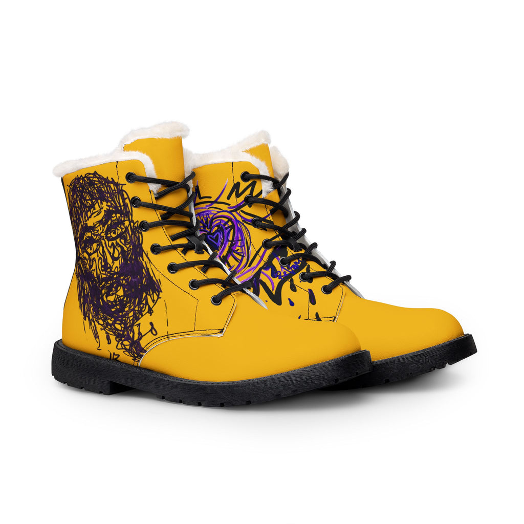 Distorted Stolen Soul Leather Boots — Fur-Lined Men's Art Print Boots
