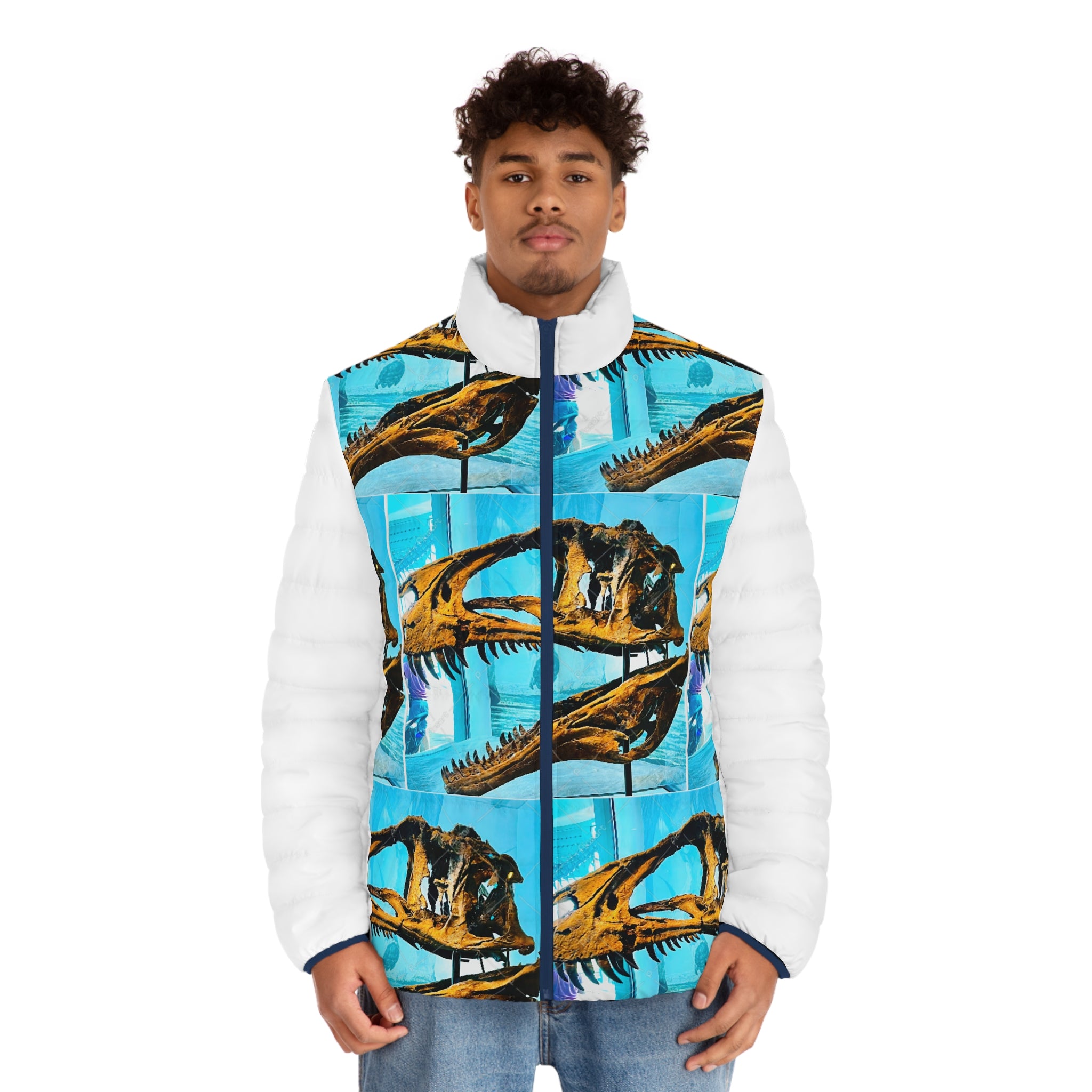 Dinosaur Skull Puffer Jacket — Bold Fossil Art Men's Outerwear