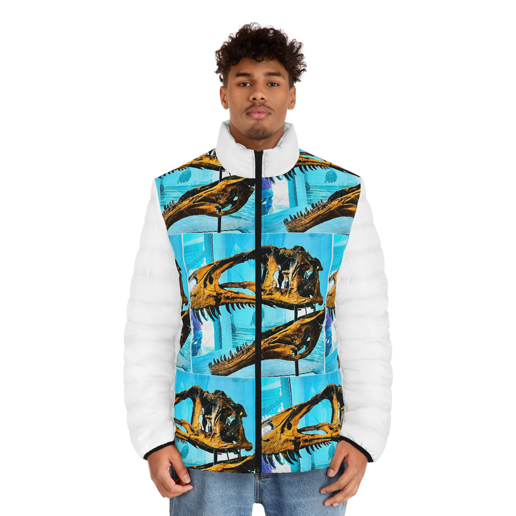 Dinosaur Skull Puffer Jacket — Bold Fossil Art Men's Outerwear
