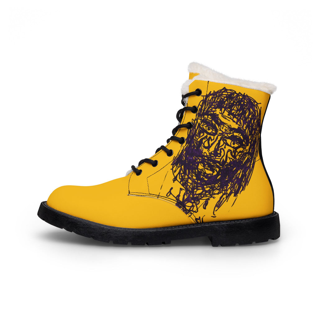Distorted Stolen Soul Leather Boots — Fur-Lined Men's Art Print Boots
