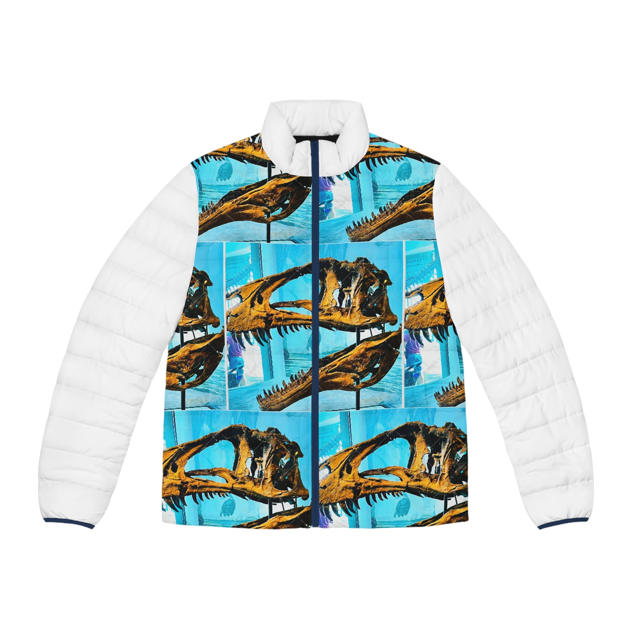Dinosaur Skull Puffer Jacket — Bold Fossil Art Men's Outerwear