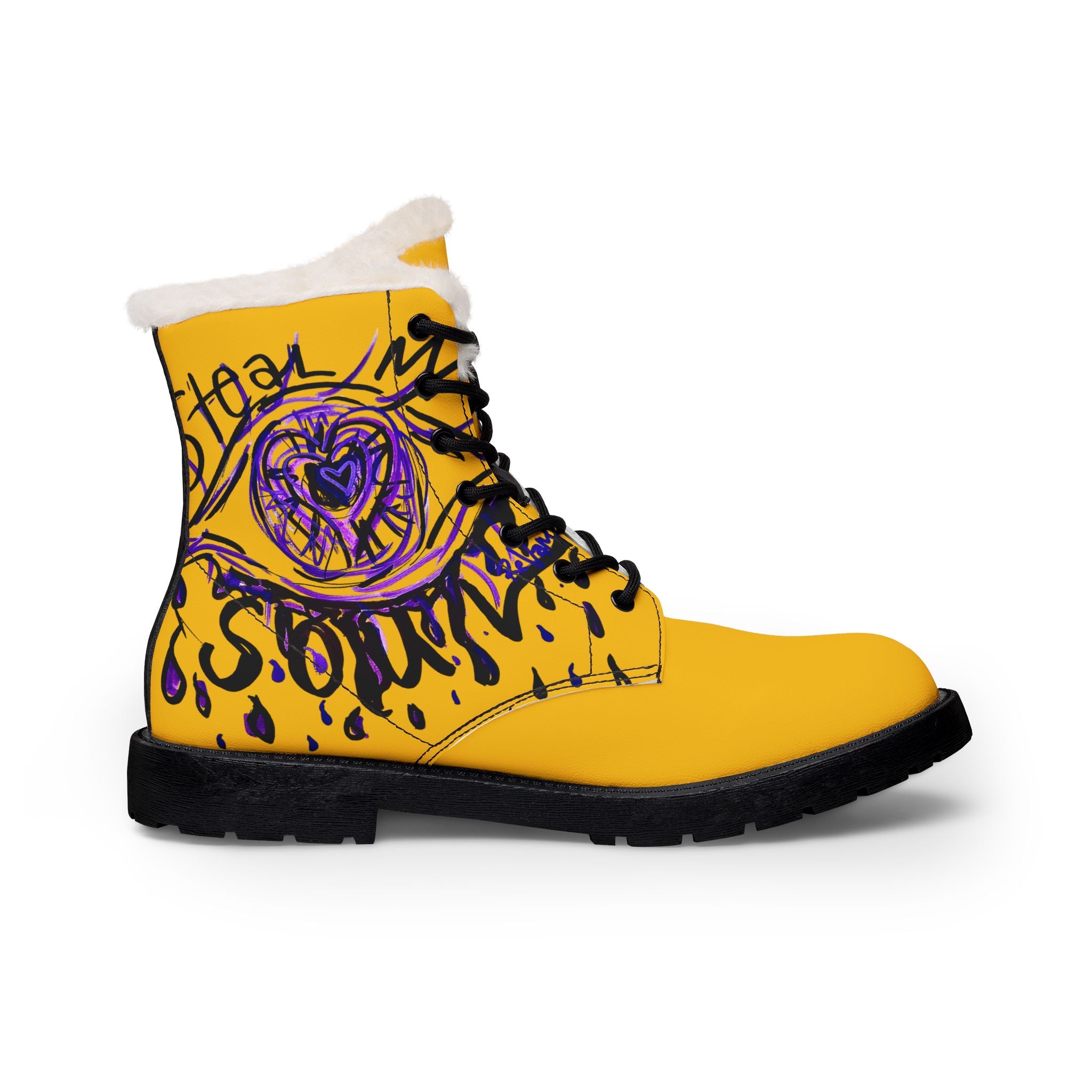 Distorted Stolen Soul Leather Boots — Fur-Lined Men's Art Print Boots