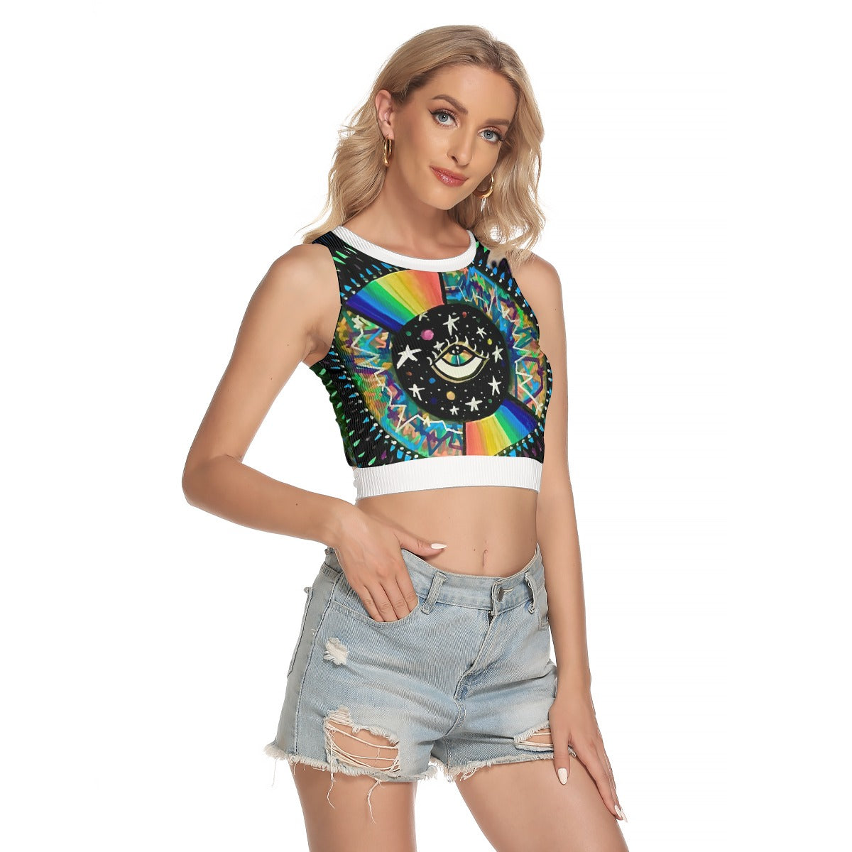 Cosmic Heartbeat Rainbow Love Women's Sleeveless Back Hollow Crop Top