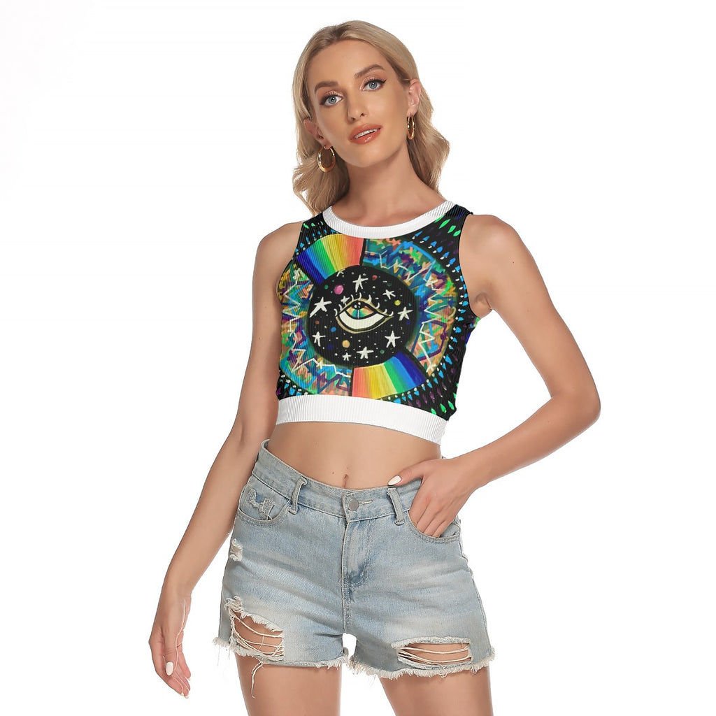 Cosmic Heartbeat Rainbow Love Women's Sleeveless Back Hollow Crop Top