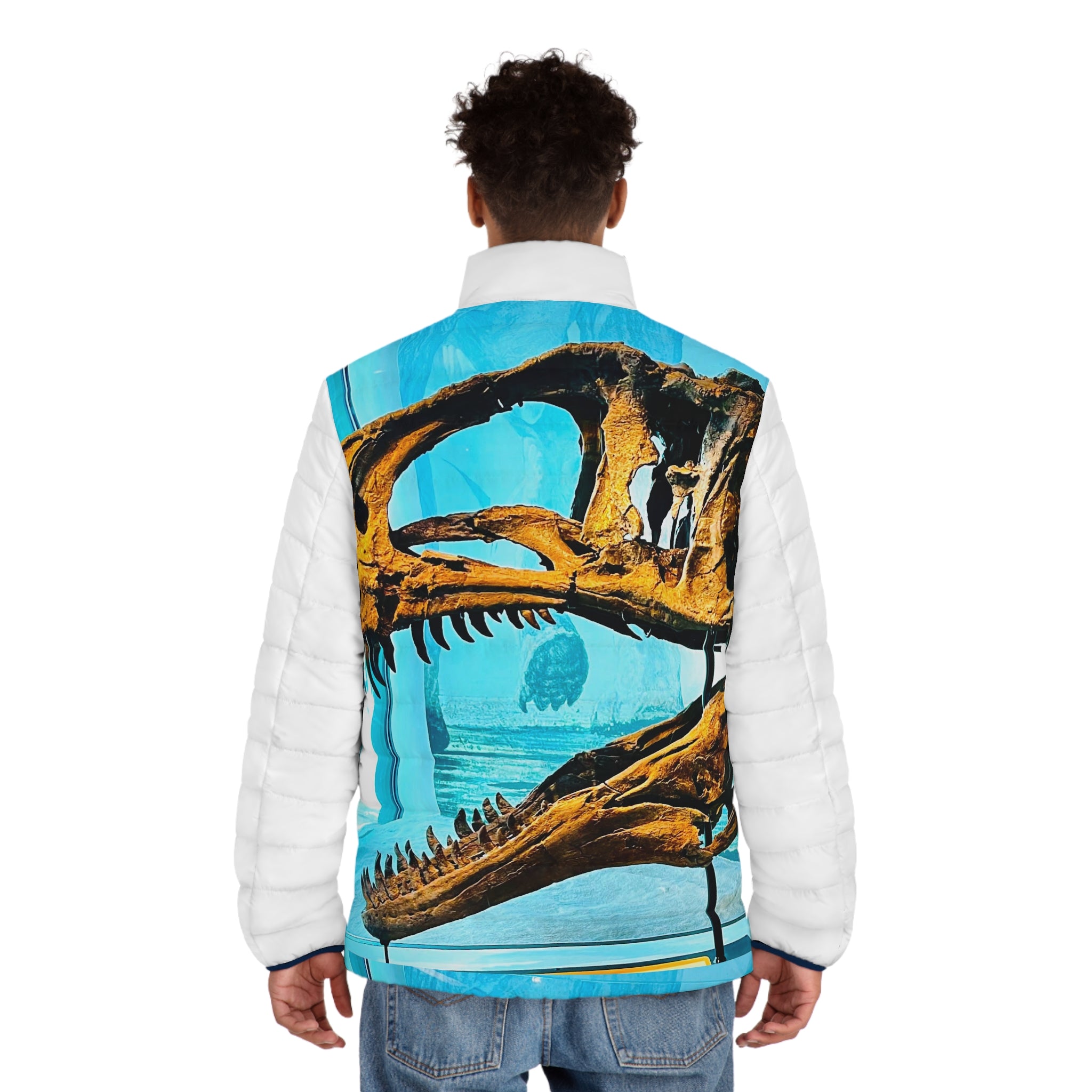 Dinosaur Skull Puffer Jacket — Bold Fossil Art Men's Outerwear