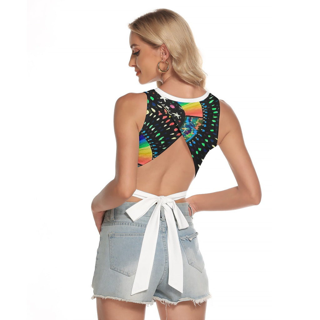 Cosmic Heartbeat Rainbow Love Women's Sleeveless Back Hollow Crop Top